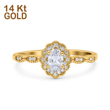 14K Yellow Gold Halo Vintage Floral Art Deco Oval Bridal Simulated CZ Wedding Engagement Ring Size 7